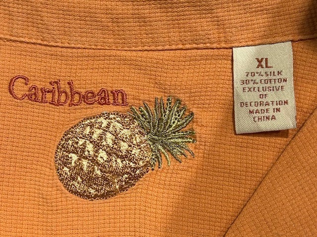 メンズヴィンテージ アロハシャツ 【Caribbean】パイナップル 刺しゅう オレンジ