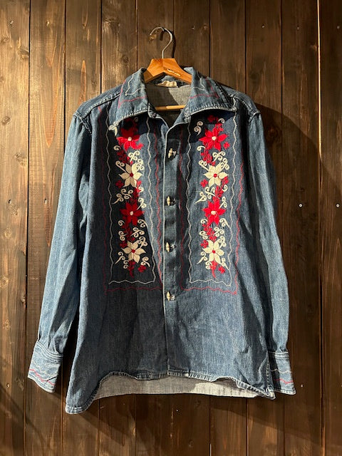 メンズヴィンテージ シャツ【メキシコ】デニムシャツ 刺しゅう ブルー