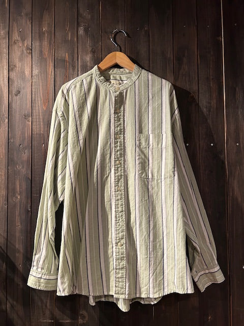 メンズヴィンテージ シャツ【Eddie Bauer】ストライプ ノーカラー グリーン