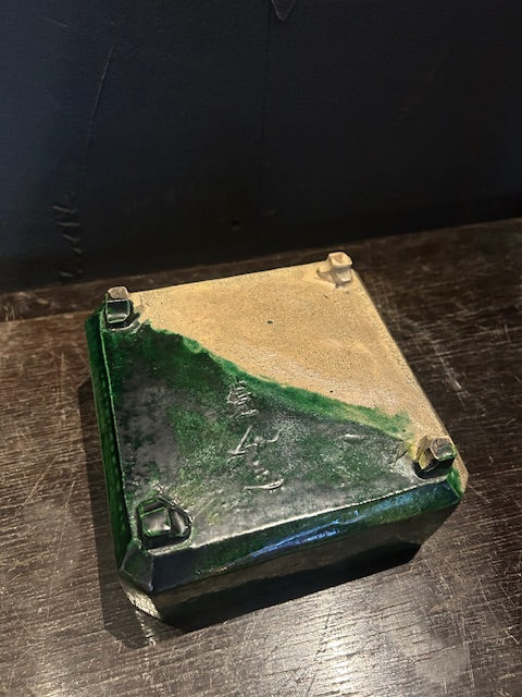 農楽焼 蓋付 織部角鉢