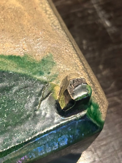 農楽焼 蓋付 織部角鉢
