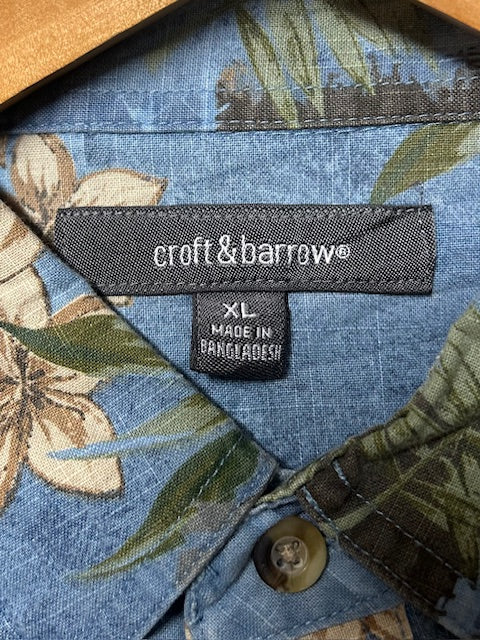 メンズヴィンテージアロハシャツ【croft&barrow】フラワー 幾何学模様 ブルー