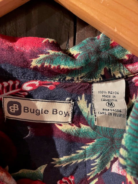 メンズヴィンテージ アロハシャツ 【Bugle Boy】ヤシ ハイビスカス ネイビー
