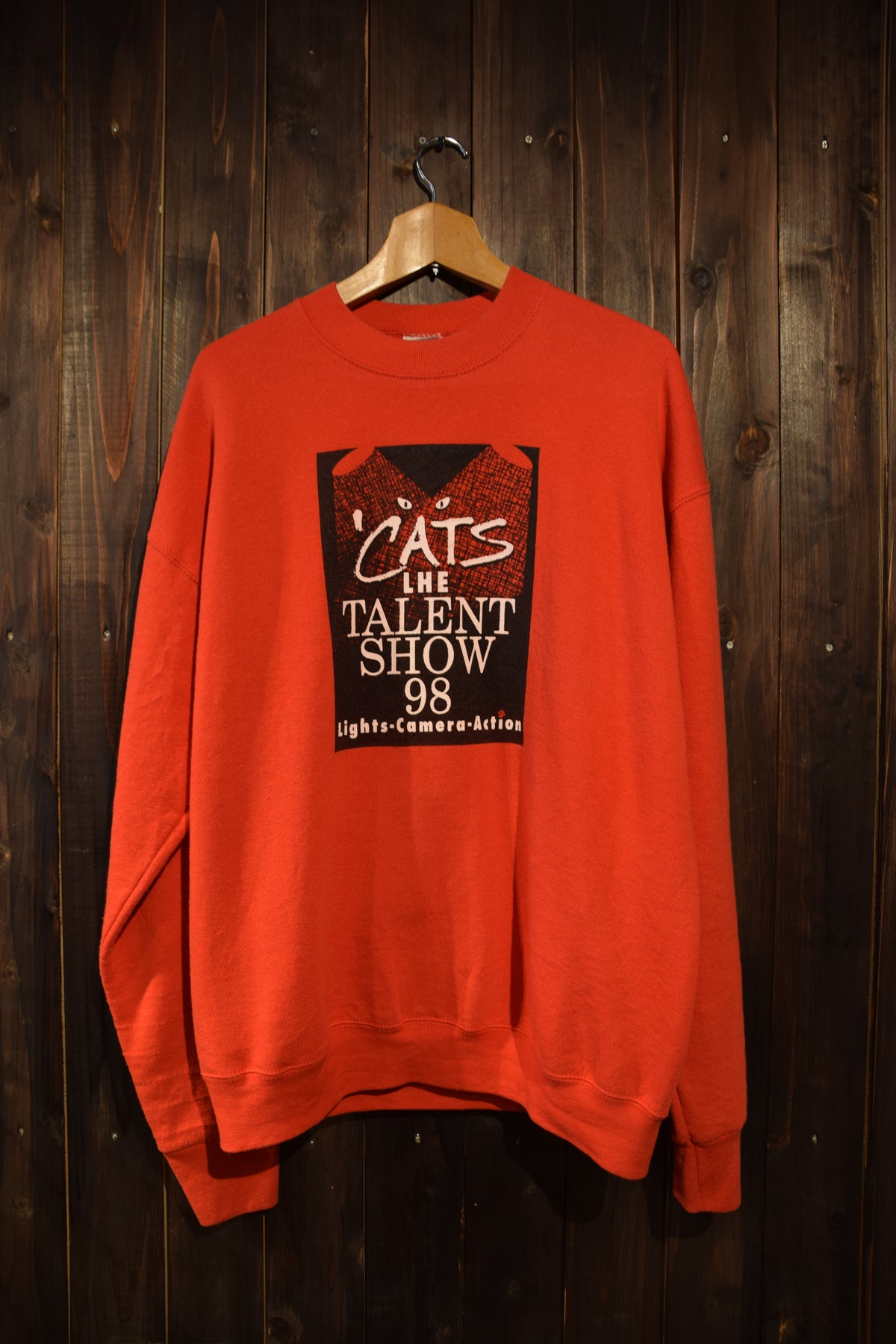 メンズヴィンテージ スウェット【FRUIT OF THE LOOM】1998 CAT’S THE TALENT SHOE 98 レッド