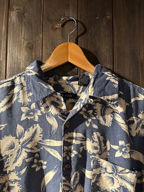 メンズヴィンテージ アロハシャツ 【SILK ICON】ハイビスカス ブルー