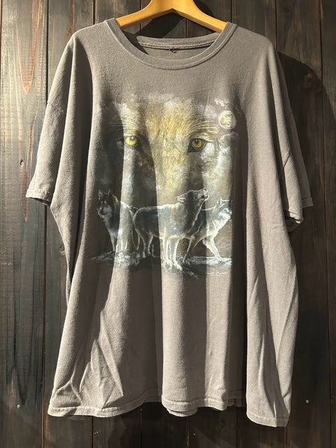 メンズヴィンテージ　Tシャツ 【オオカミ】アニマルプリントT グレー
