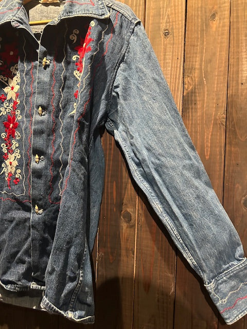 メンズヴィンテージ シャツ【メキシコ】デニムシャツ 刺しゅう ブルー