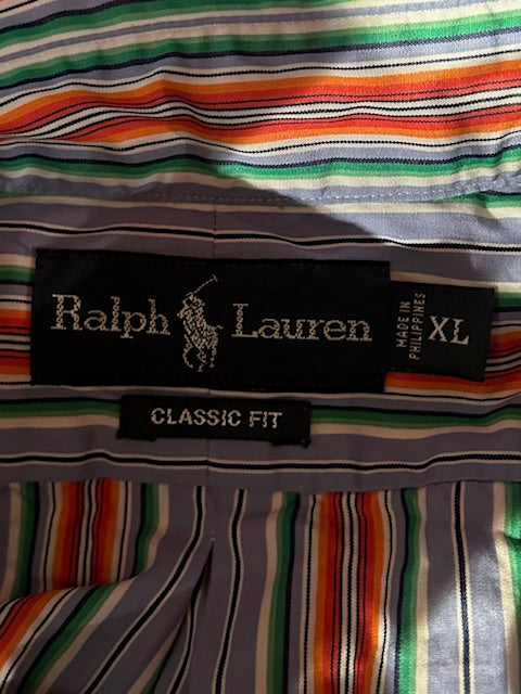 メンズヴィンテージ シャツ【Ralph Lauren】ストライプ ブルー オレンジ グリーン