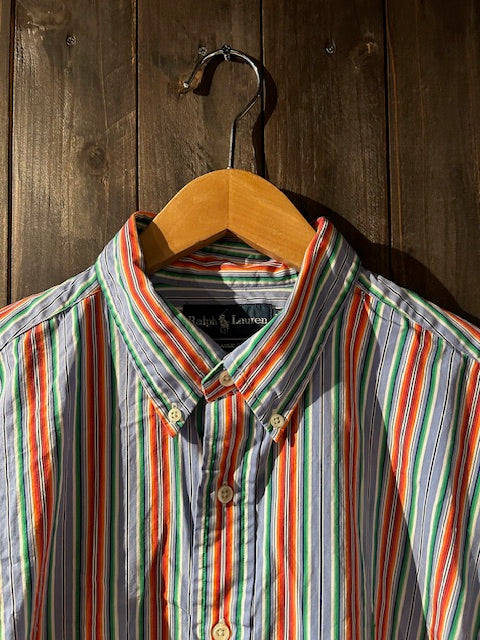 メンズヴィンテージ シャツ【Ralph Lauren】ストライプ ブルー オレンジ グリーン