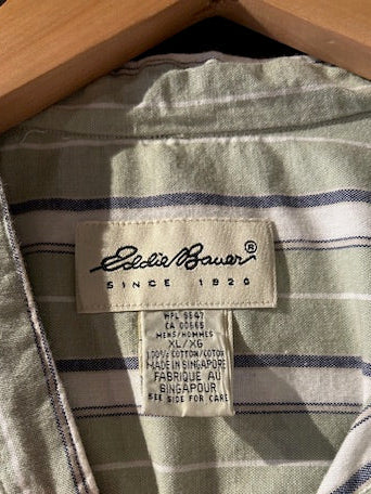 メンズヴィンテージ シャツ【Eddie Bauer】ストライプ ノーカラー グリーン