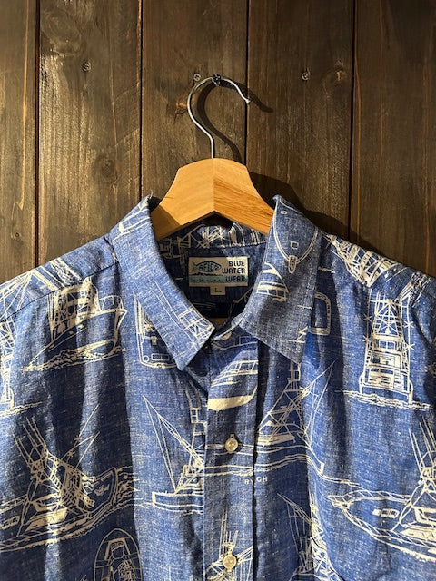 メンズヴィンテージ アロハシャツ 【BLUE WATER WEAR】ヨット ブルー