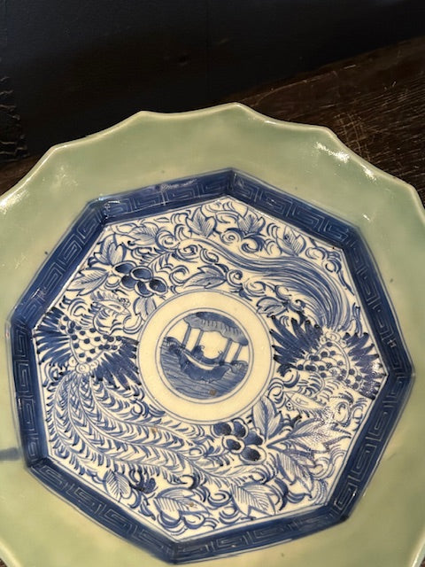 伊万里　青磁輪花皿　鳳凰