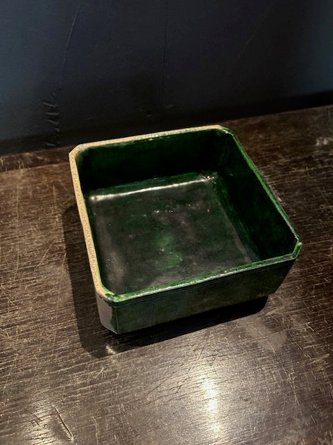 農楽焼　蓋付　織部角鉢　